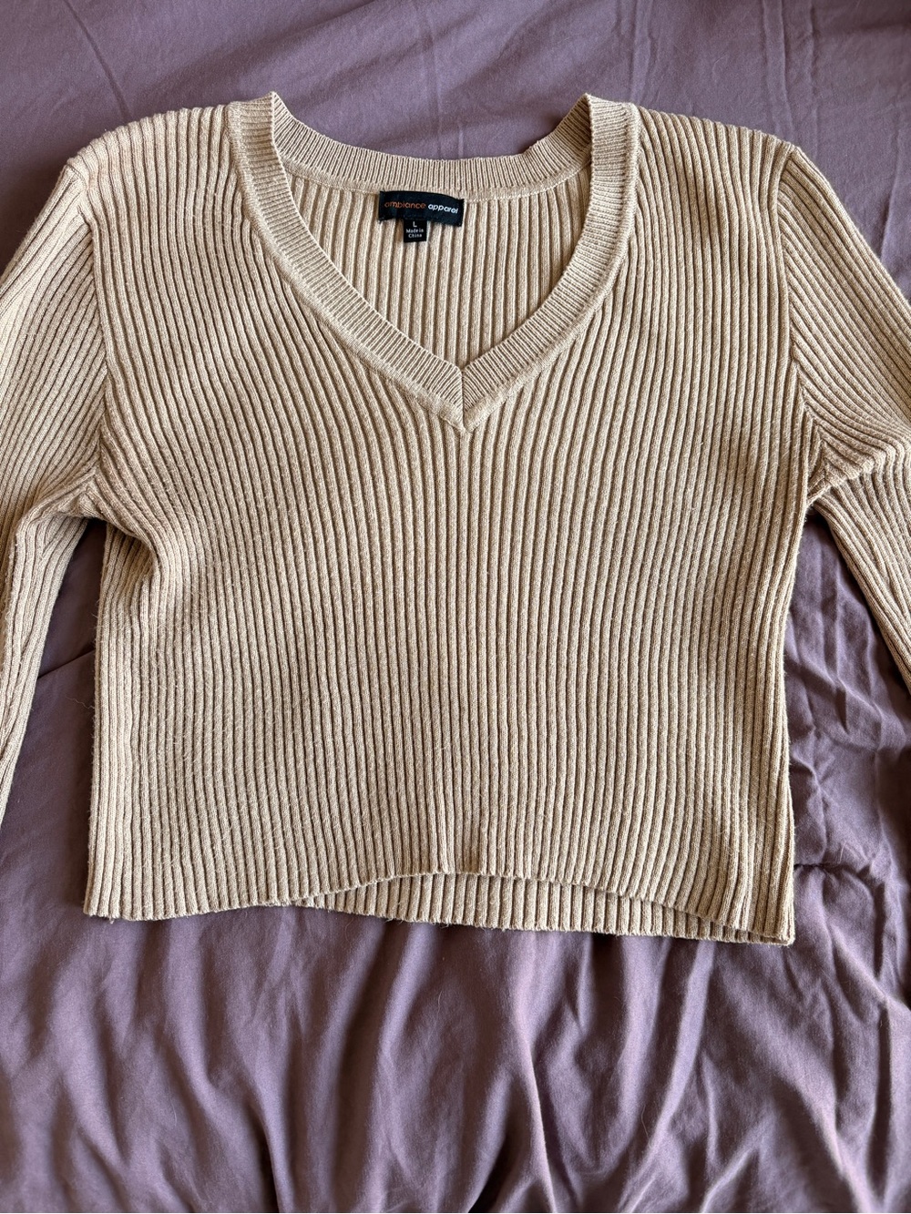 Beige Ribbed V-Neck Cropped Sweater - Picture 2 of 2